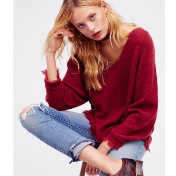 Free People Sweaters - SOLD Free People Irresistible Fringe Burgundy Sweater Size M